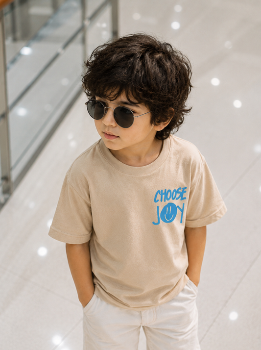 Boys Graphic Printed Drop-Shoulder Sleeves T-Shirt - Beige