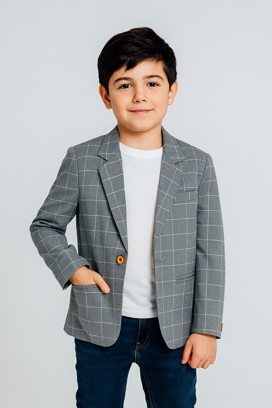 Boys Grey Windowpane Check Cotton Blazer