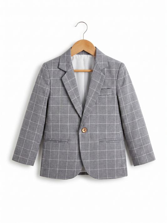 Boys Grey Windowpane Check Cotton Blazer