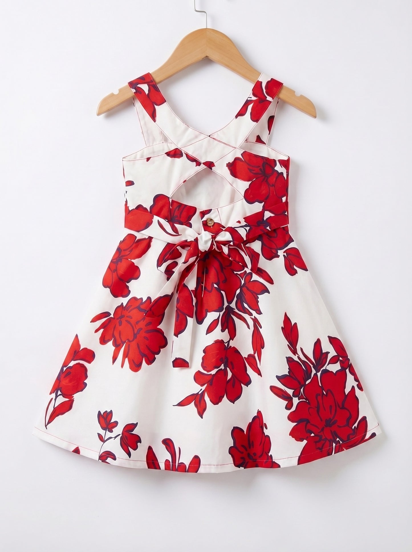 Girls White & Red Floral Printed Dress with Bow Waistband