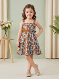 Girls Blue & Brown Floral Printed Cotton Flare Dress