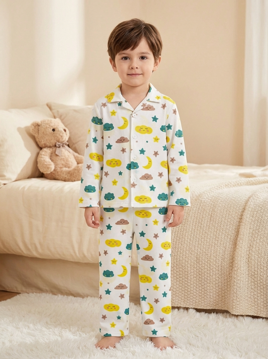Cloud & Moon Print Night Suit - White
