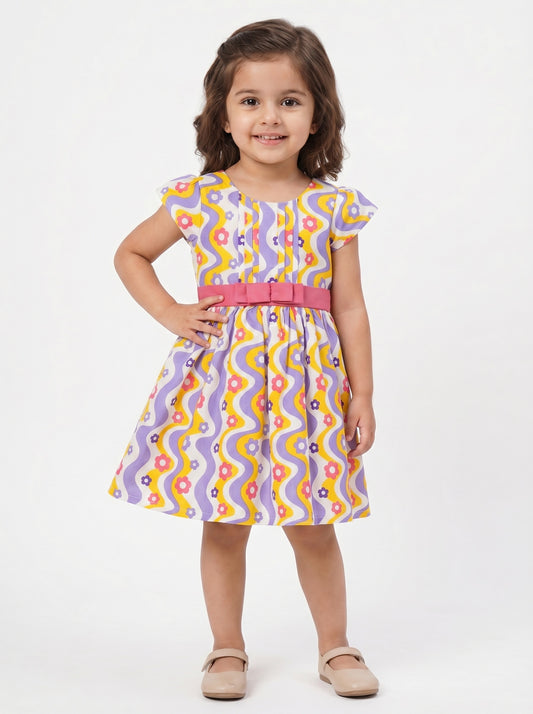 Girls Yellow & Purple Wavy Floral Printed Fit & Flare Dress