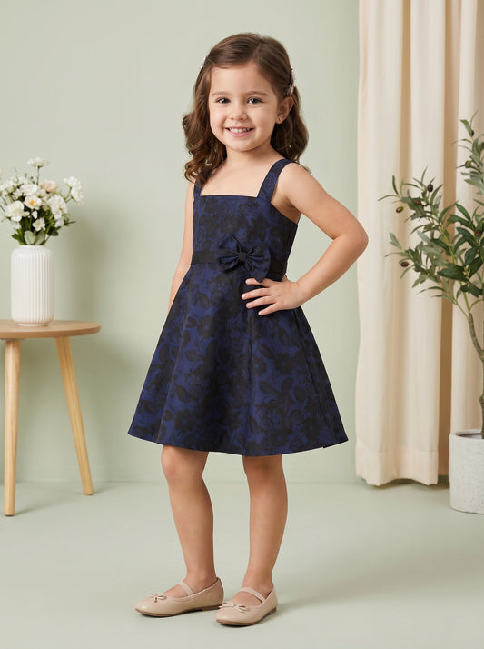 Girls Navy Blue & Black Floral Printed Flare Party Dress