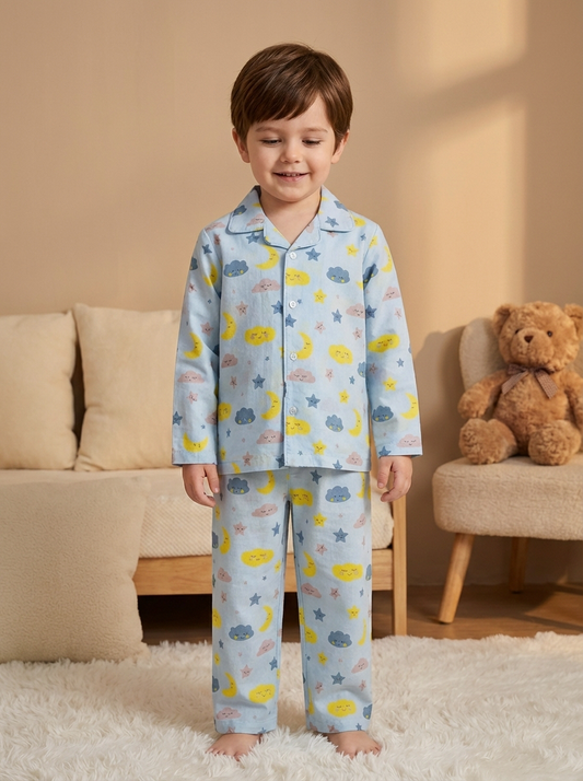 Cloud & Moon Print Night Suit - Blue