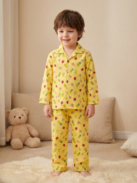 Mixed Fruit Print Night Suit - Yellow