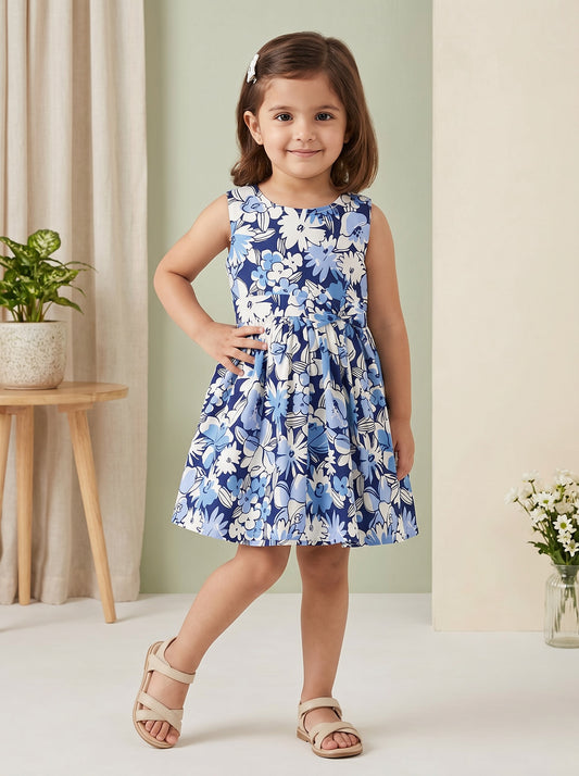Girls Blue & White Floral Print Dress