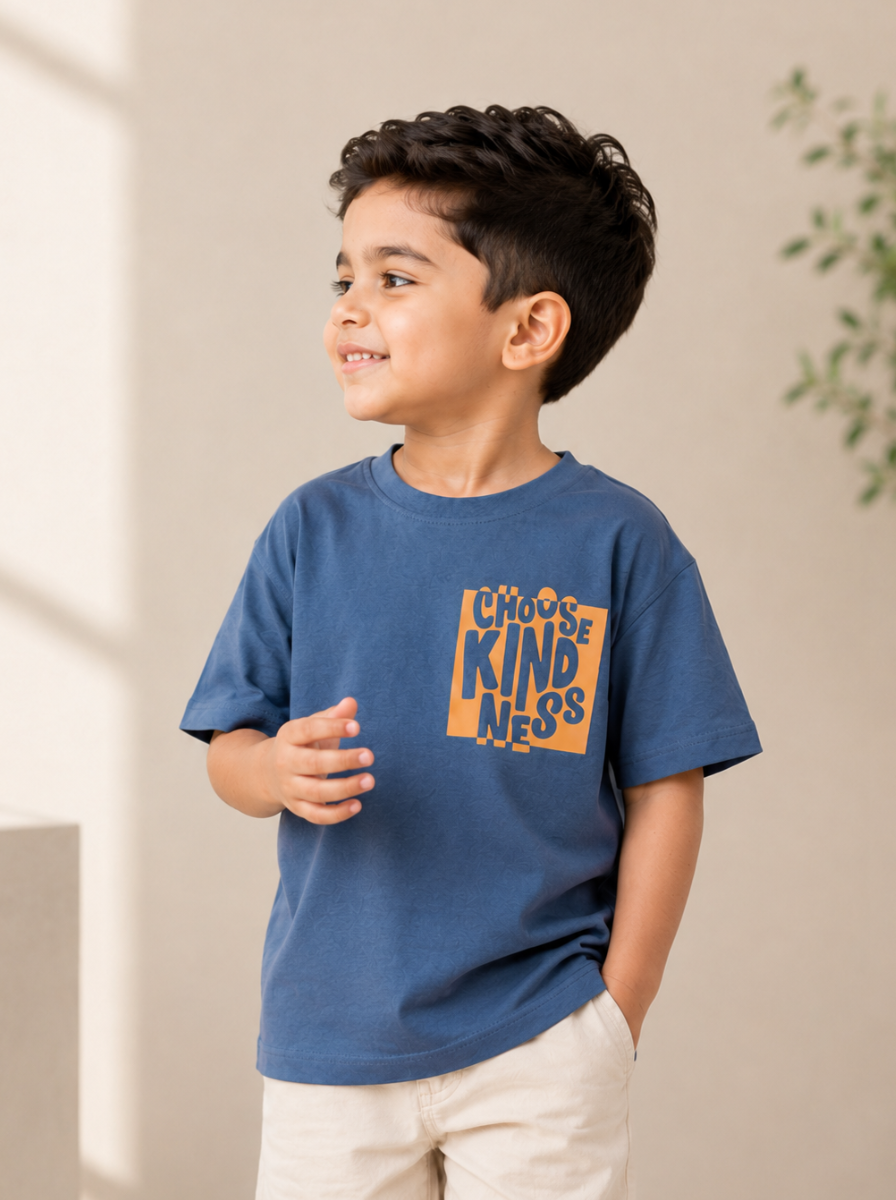 Boys Graphic Printed Drop-Shoulder Sleeves T-Shirt - Blue