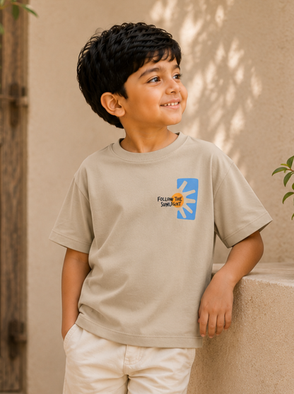 Boys Graphic Printed Drop-Shoulder Cotton T-Shirt - Beige (A)
