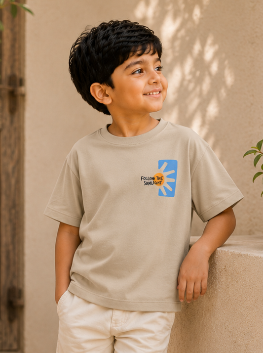 Boys Graphic Printed Drop-Shoulder Cotton T-Shirt - Beige (A)