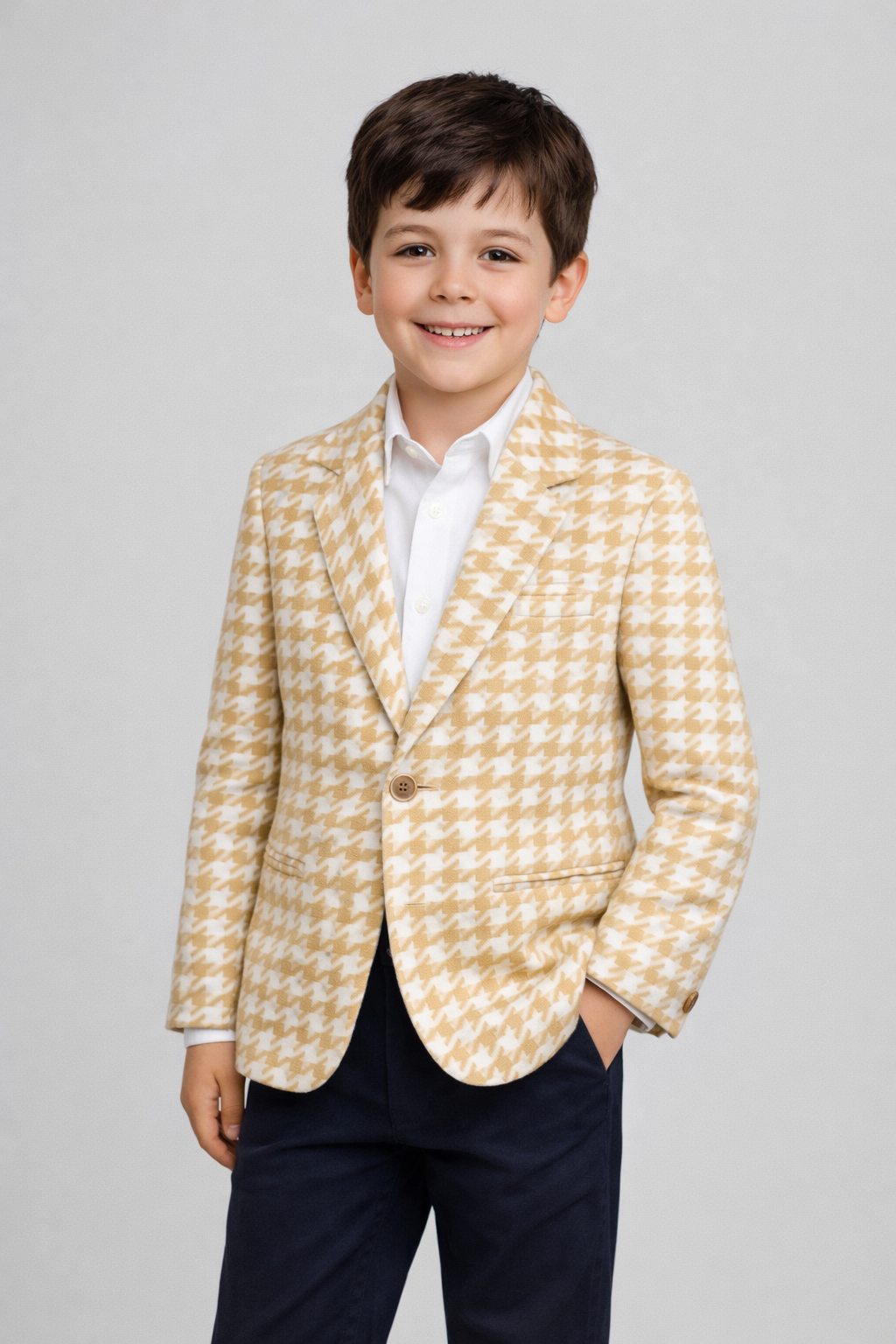 Boys Beige & White Houndstooth Checks Thin Blazer