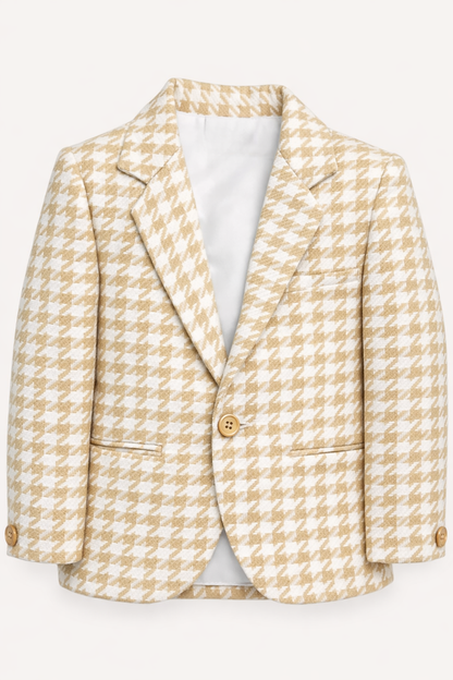 Boys Beige & White Houndstooth Checks Thin Blazer