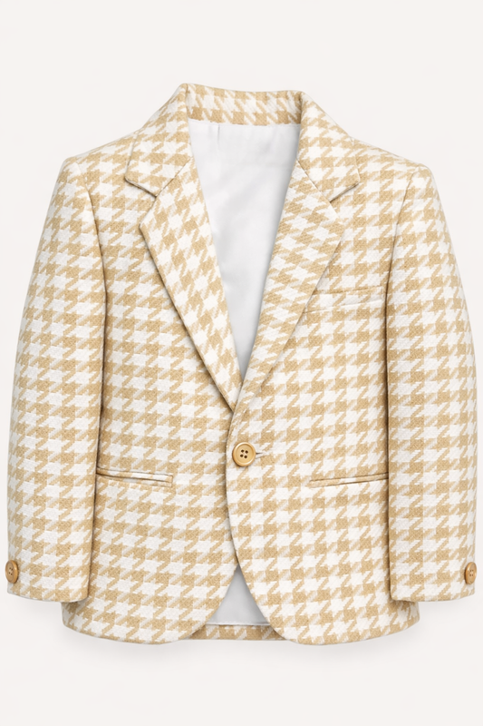 Boys Beige & White Houndstooth Checks Thin Blazer