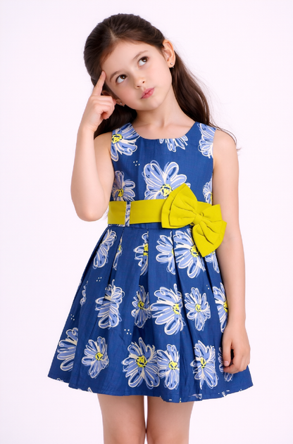 Cotton Woven Sleeveless Pleated Dress with Daisy Print & Contrast Bow - Royal Blue