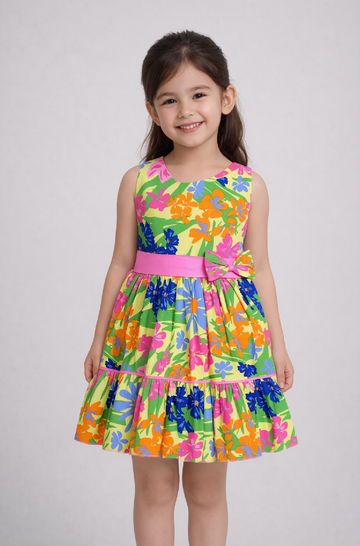 Cotton Woven Sleeveless Dress with Contrast Sash - Yellow Floral