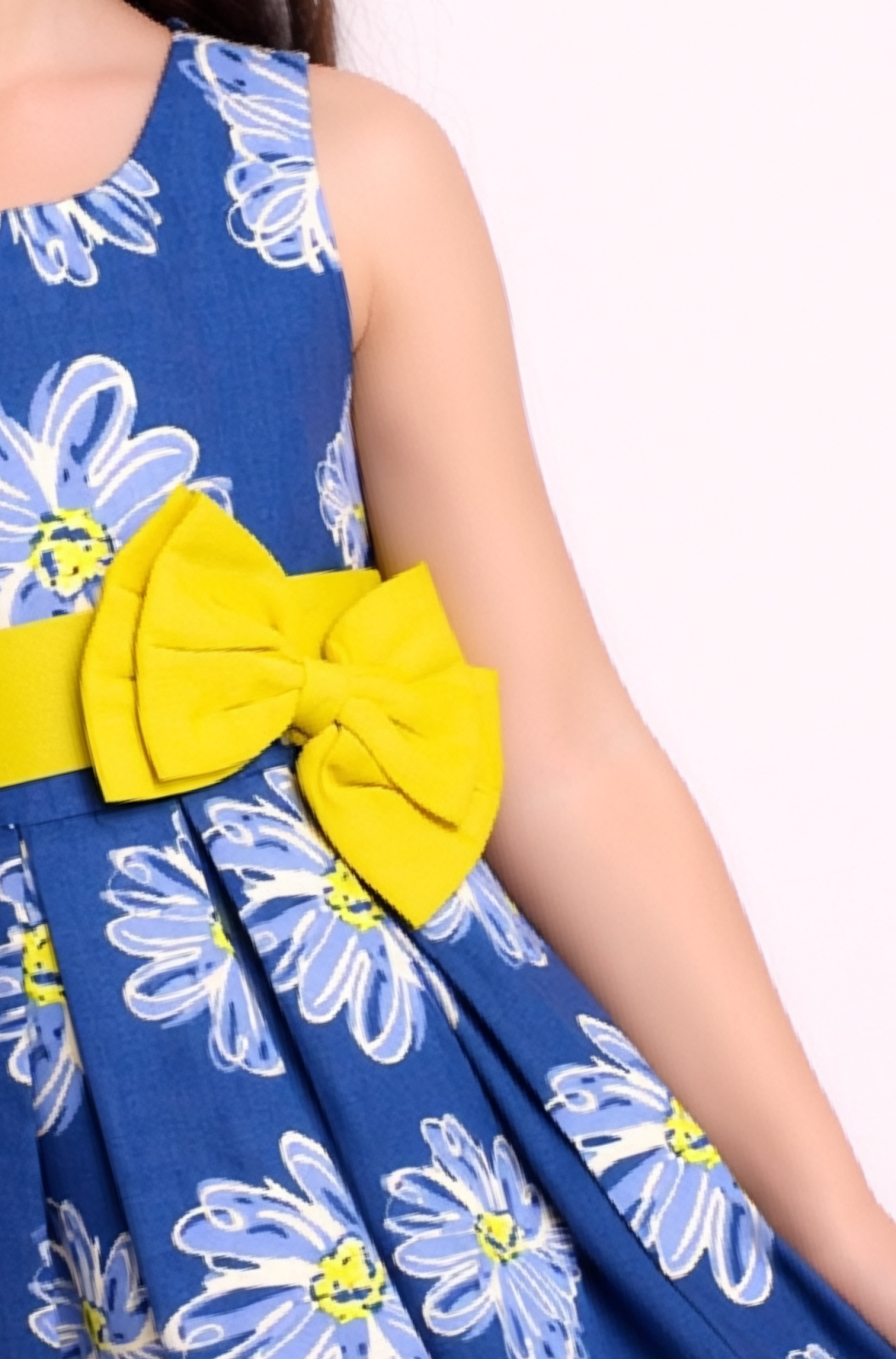 Cotton Woven Sleeveless Pleated Dress with Daisy Print & Contrast Bow - Royal Blue