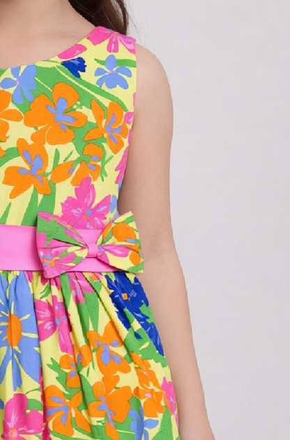 Cotton Woven Sleeveless Dress with Contrast Sash - Yellow Floral