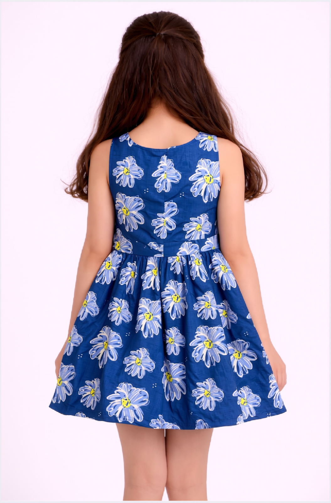 Cotton Woven Sleeveless Pleated Dress with Daisy Print & Contrast Bow - Royal Blue