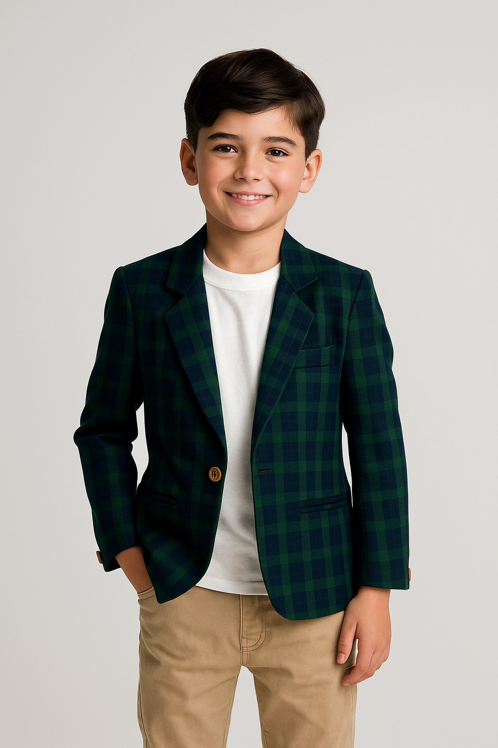 Boys Navy & Green Plaid Cotton Blazer