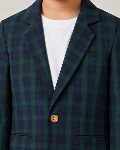 Boys Navy & Green Plaid Cotton Blazer