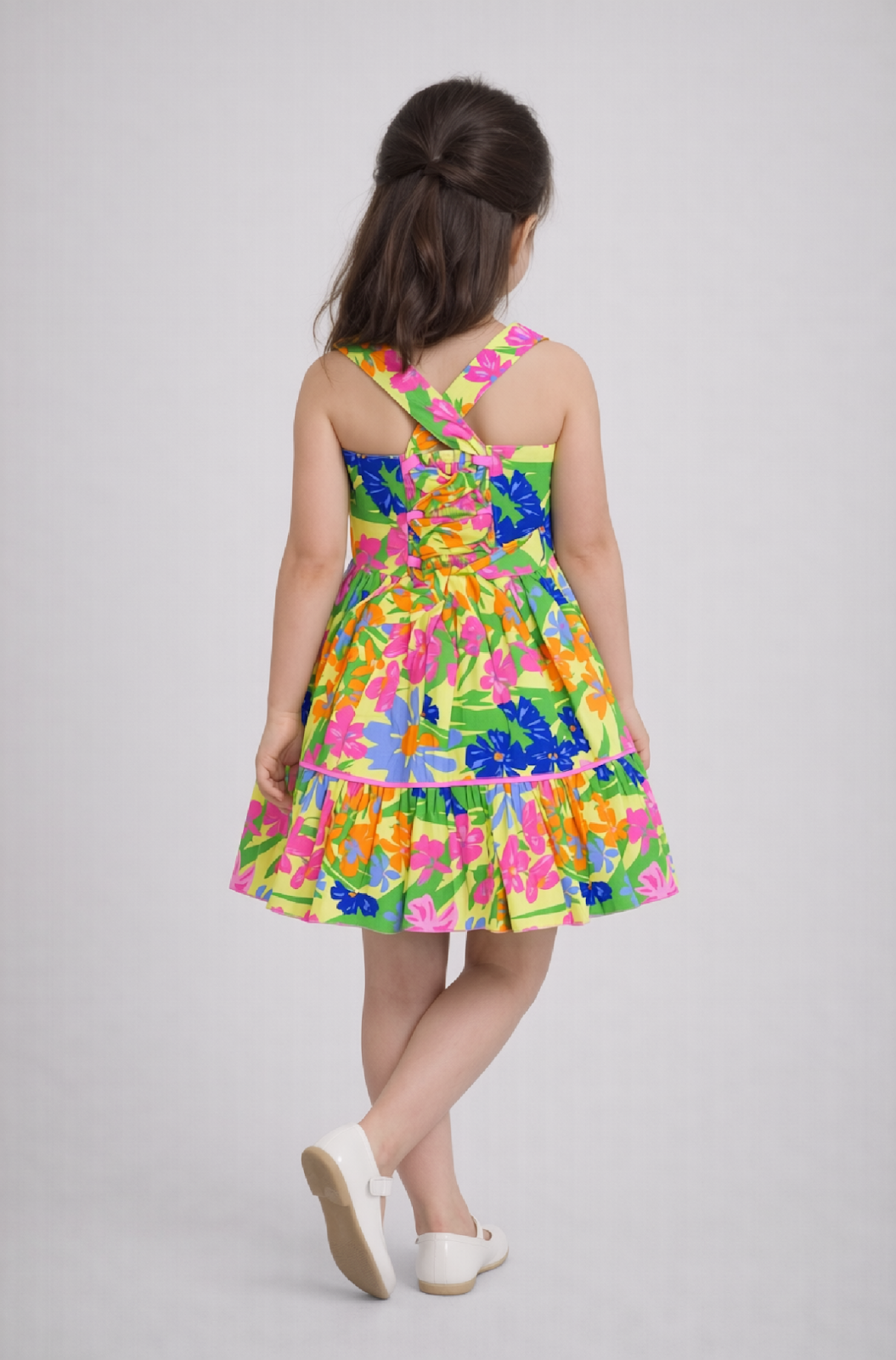 Cotton Woven Sleeveless Dress with Contrast Sash - Yellow Floral