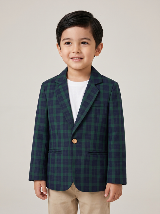 Boys Navy & Green Plaid Cotton Blazer