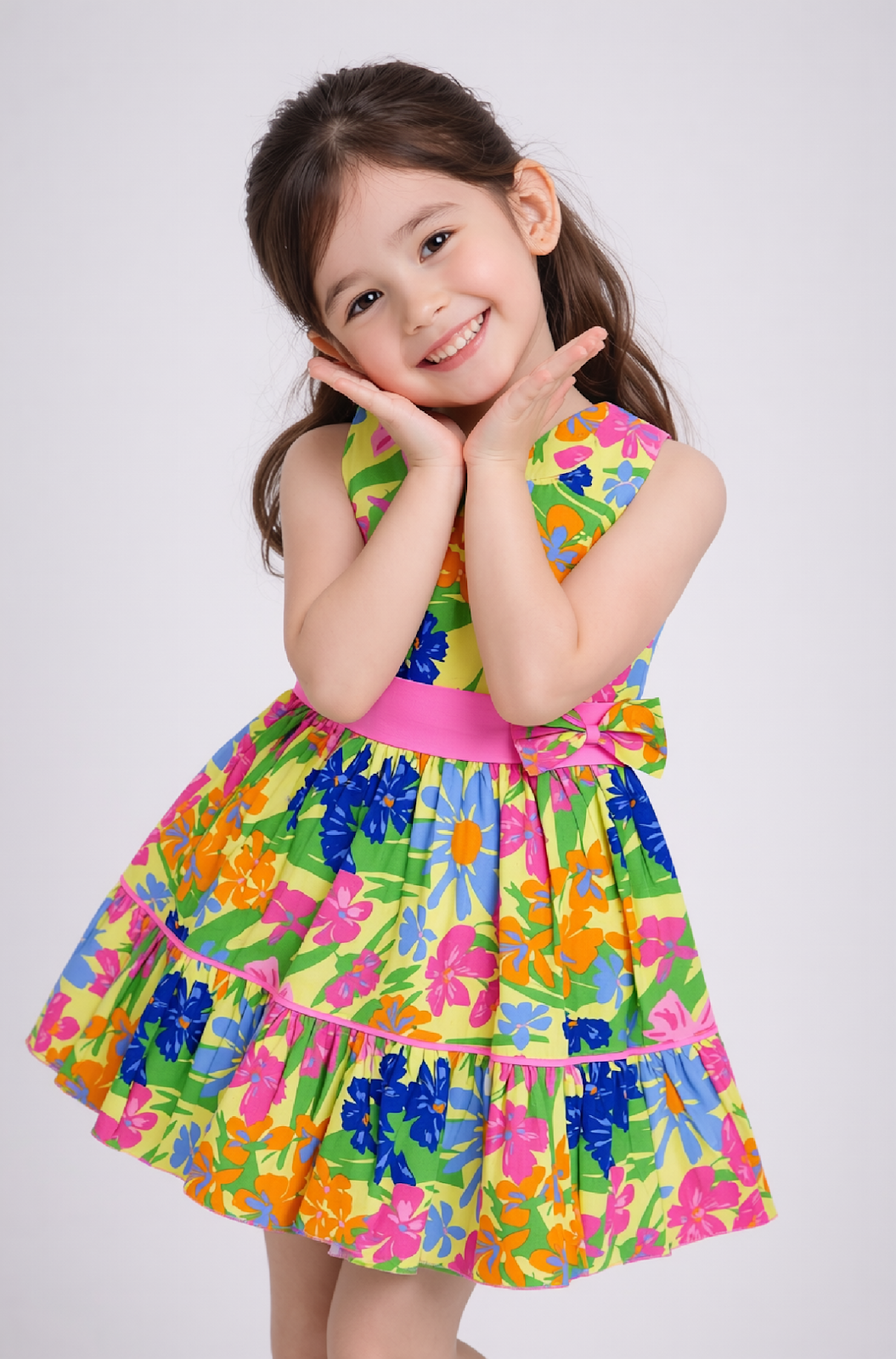 Cotton Woven Sleeveless Dress with Contrast Sash - Yellow Floral