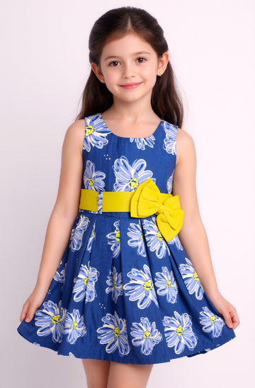 Cotton Woven Sleeveless Pleated Dress with Daisy Print & Contrast Bow - Royal Blue