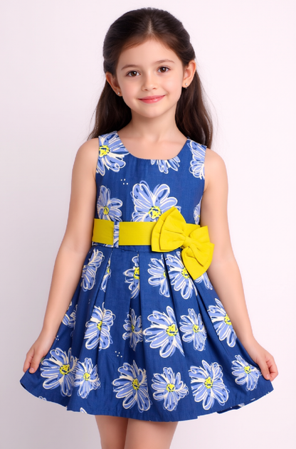 Cotton Woven Sleeveless Pleated Dress with Daisy Print & Contrast Bow - Royal Blue