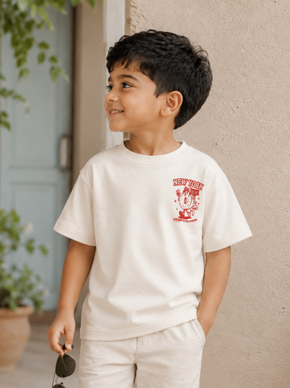 Boys Graphic Back Printed Drop-Shoulder Cotton T-Shirt - Cream