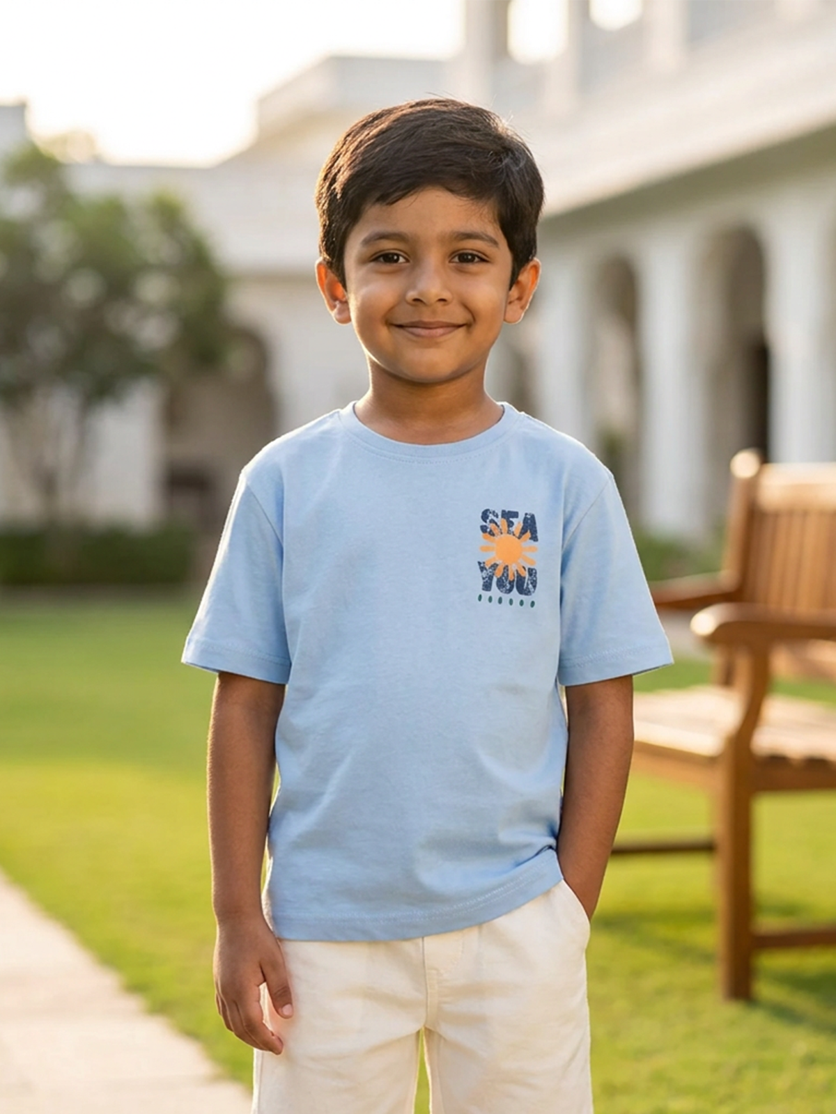 Boys Graphic Printed Drop-Shoulder Cotton T-Shirt - Sky Blue