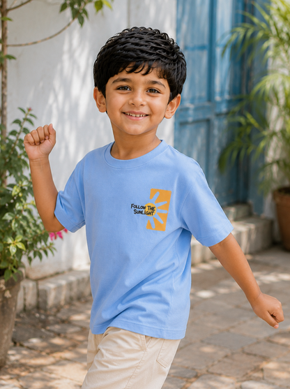 Boys Graphic Printed Drop-Shoulder Cotton T-Shirt - Light Blue