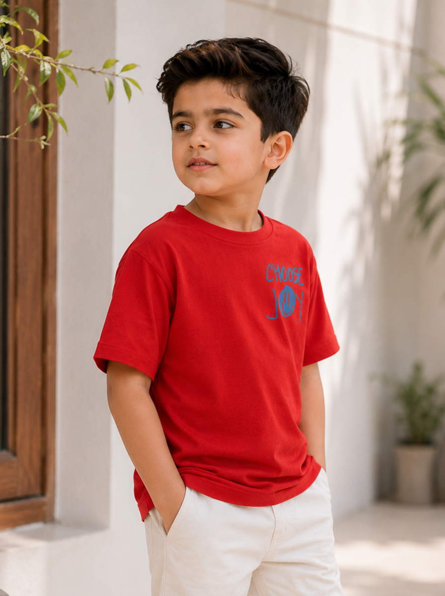 Boys Graphic Printed Drop-Shoulder Cotton T-Shirt - Red