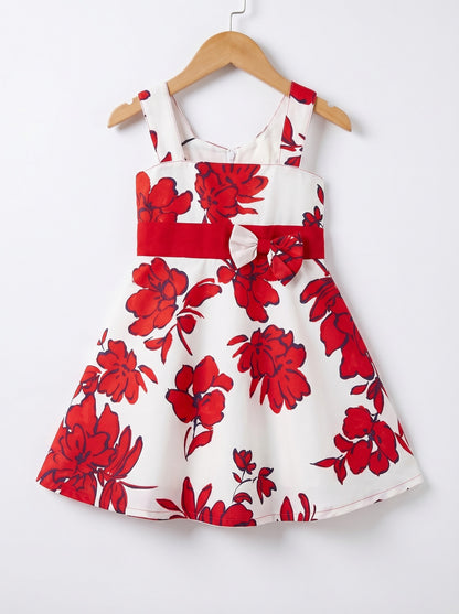 Girls White & Red Floral Printed Dress with Bow Waistband