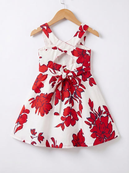 Girls White & Red Floral Printed Dress with Bow Waistband