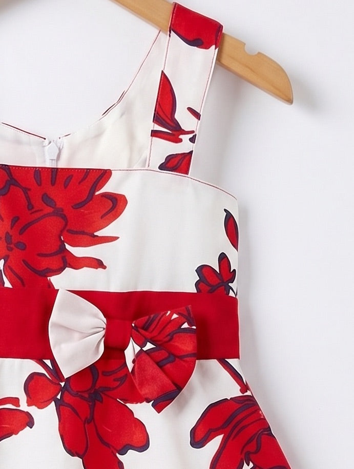 Girls White & Red Floral Printed Dress with Bow Waistband