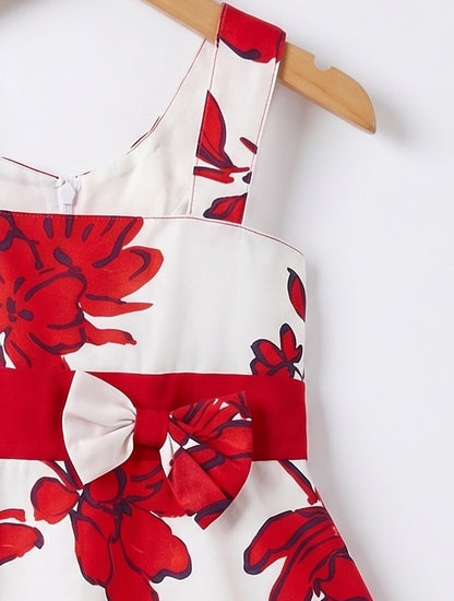 Girls White & Red Floral Printed Dress with Bow Waistband