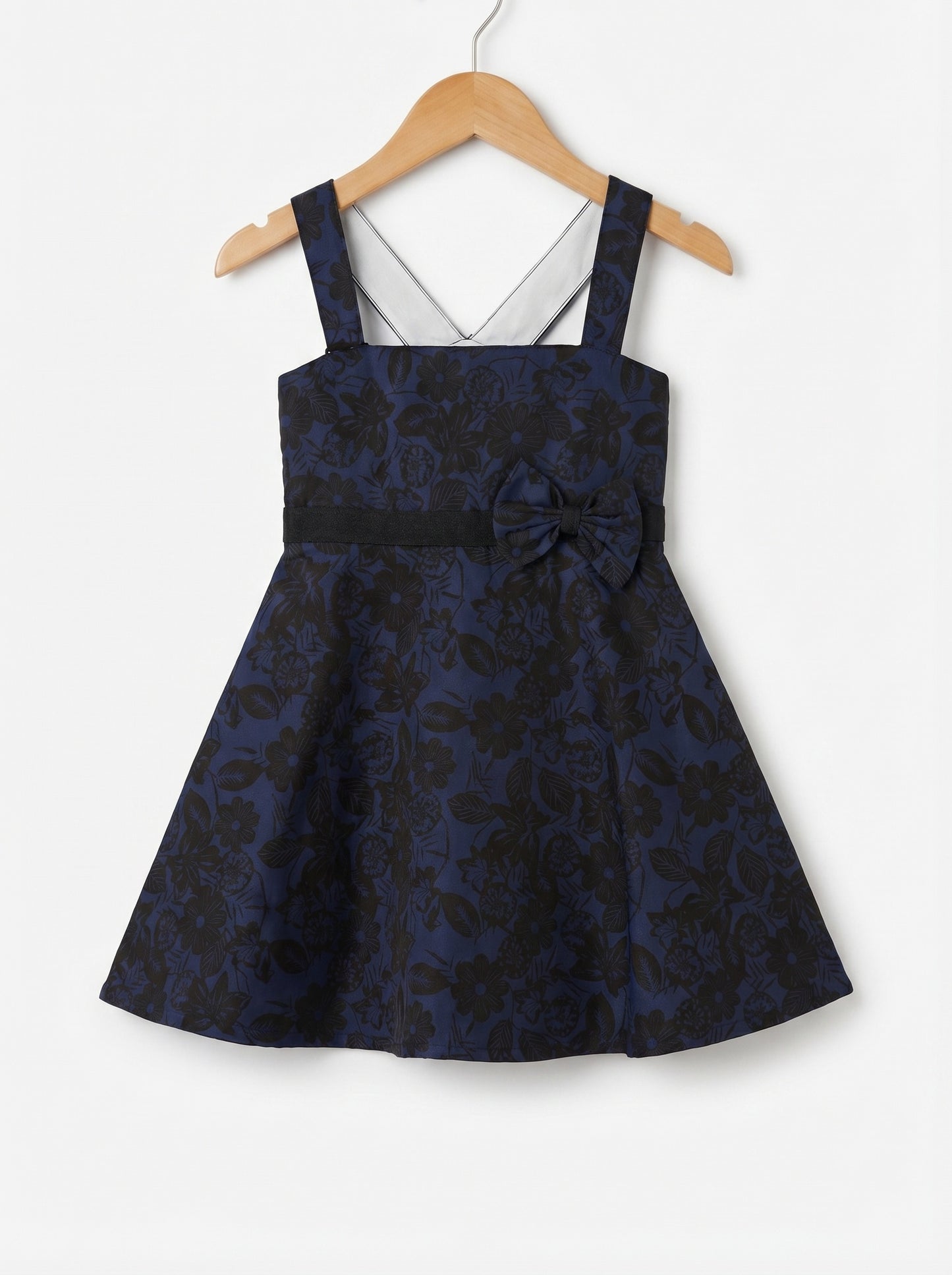Girls Navy Blue & Black Floral Printed Flare Party Dress