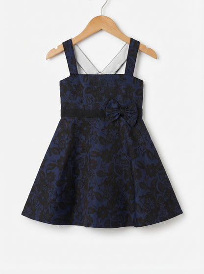 Girls Navy Blue & Black Floral Printed Flare Party Dress