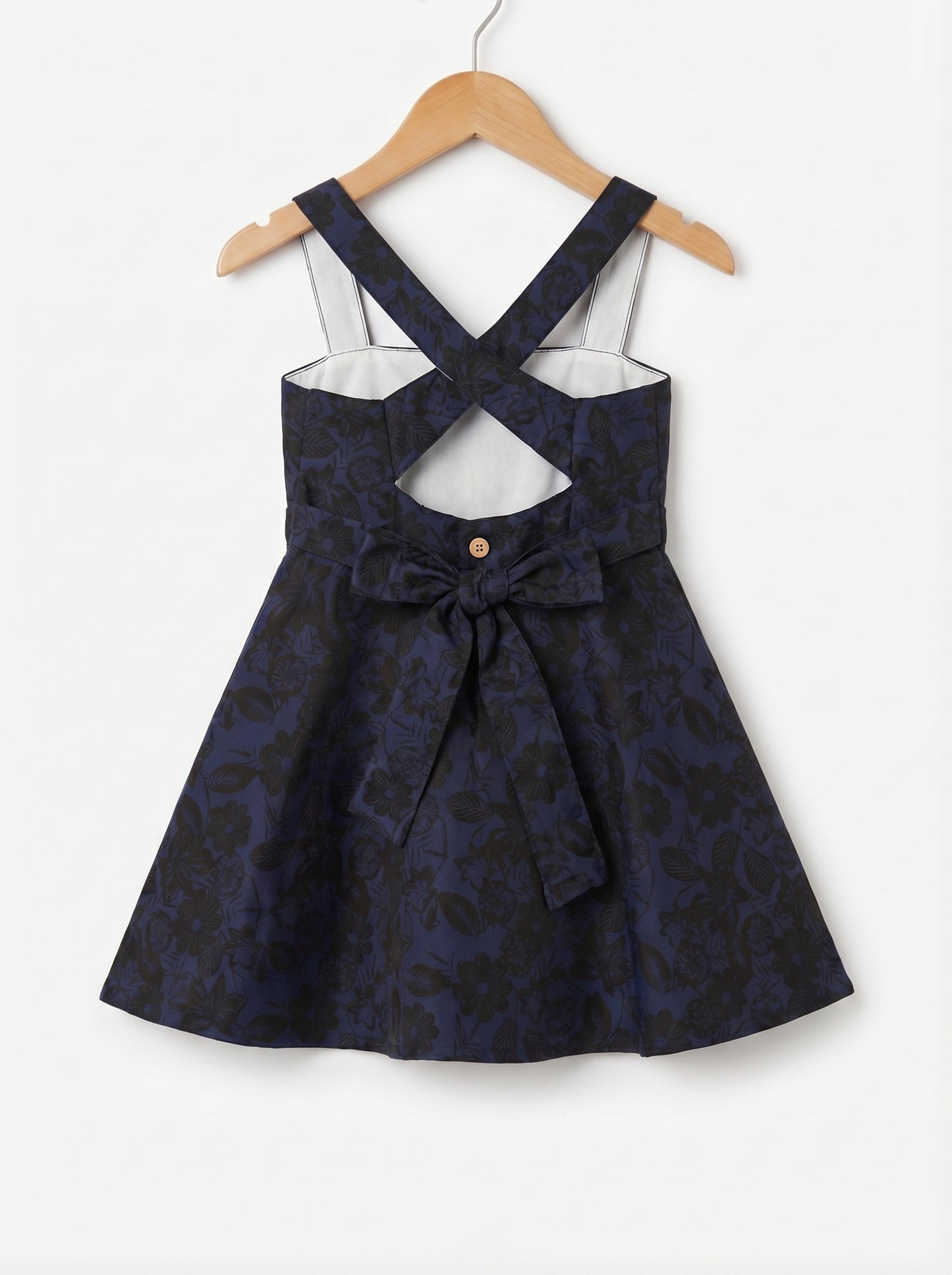 Girls Navy Blue & Black Floral Printed Flare Party Dress