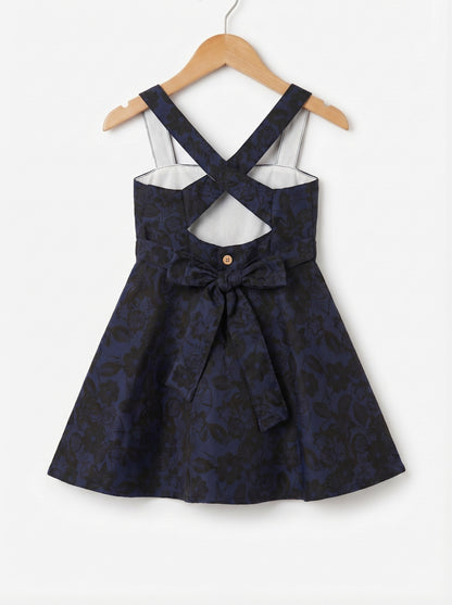 Girls Navy Blue & Black Floral Printed Flare Party Dress