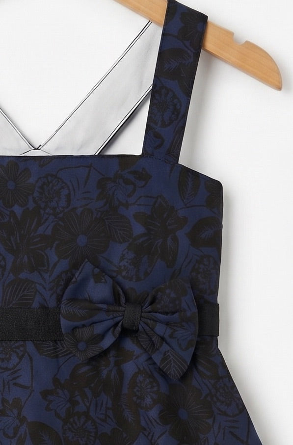 Girls Navy Blue & Black Floral Printed Flare Party Dress