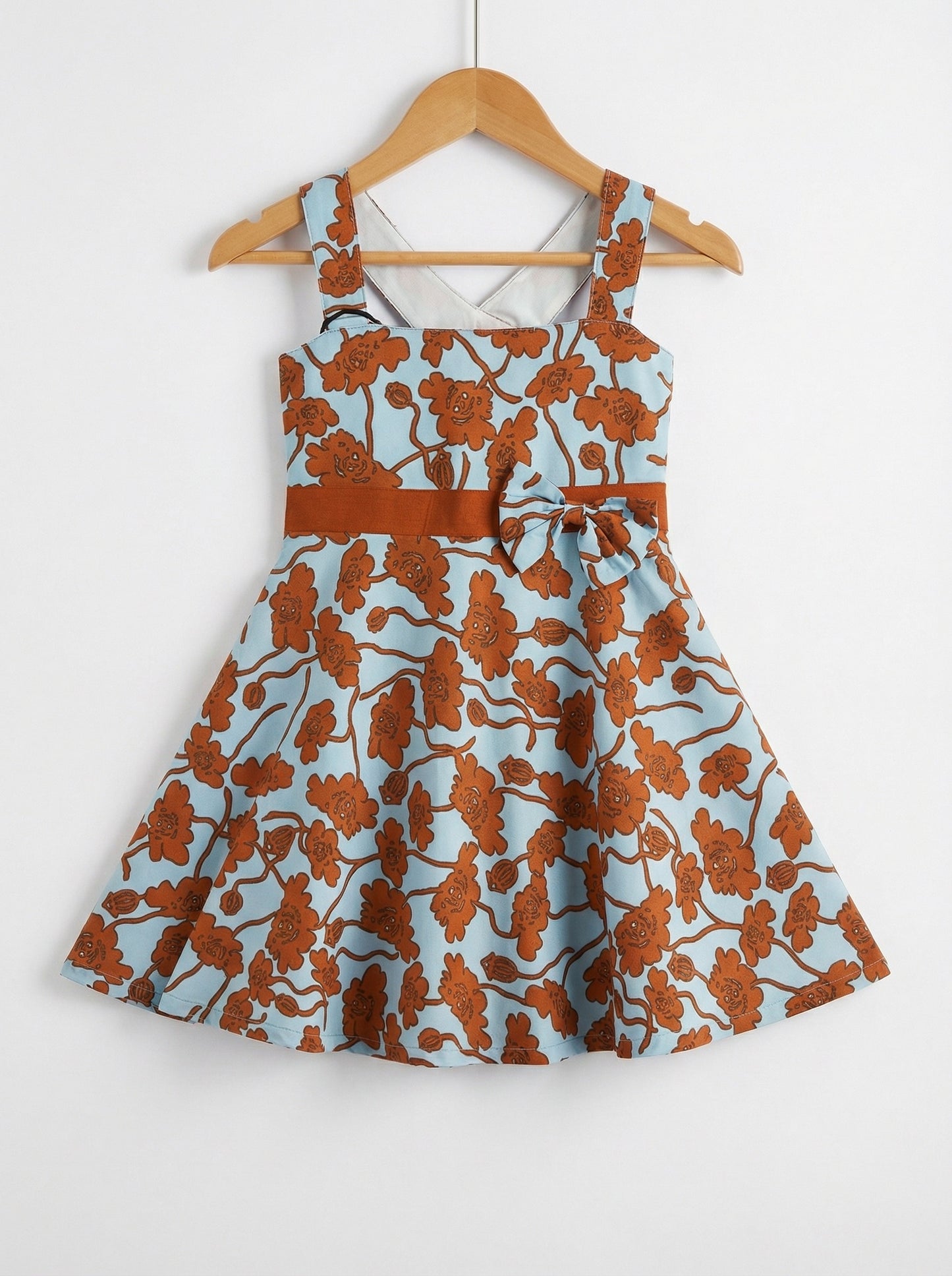 Girls Blue & Brown Floral Printed Cotton Flare Dress