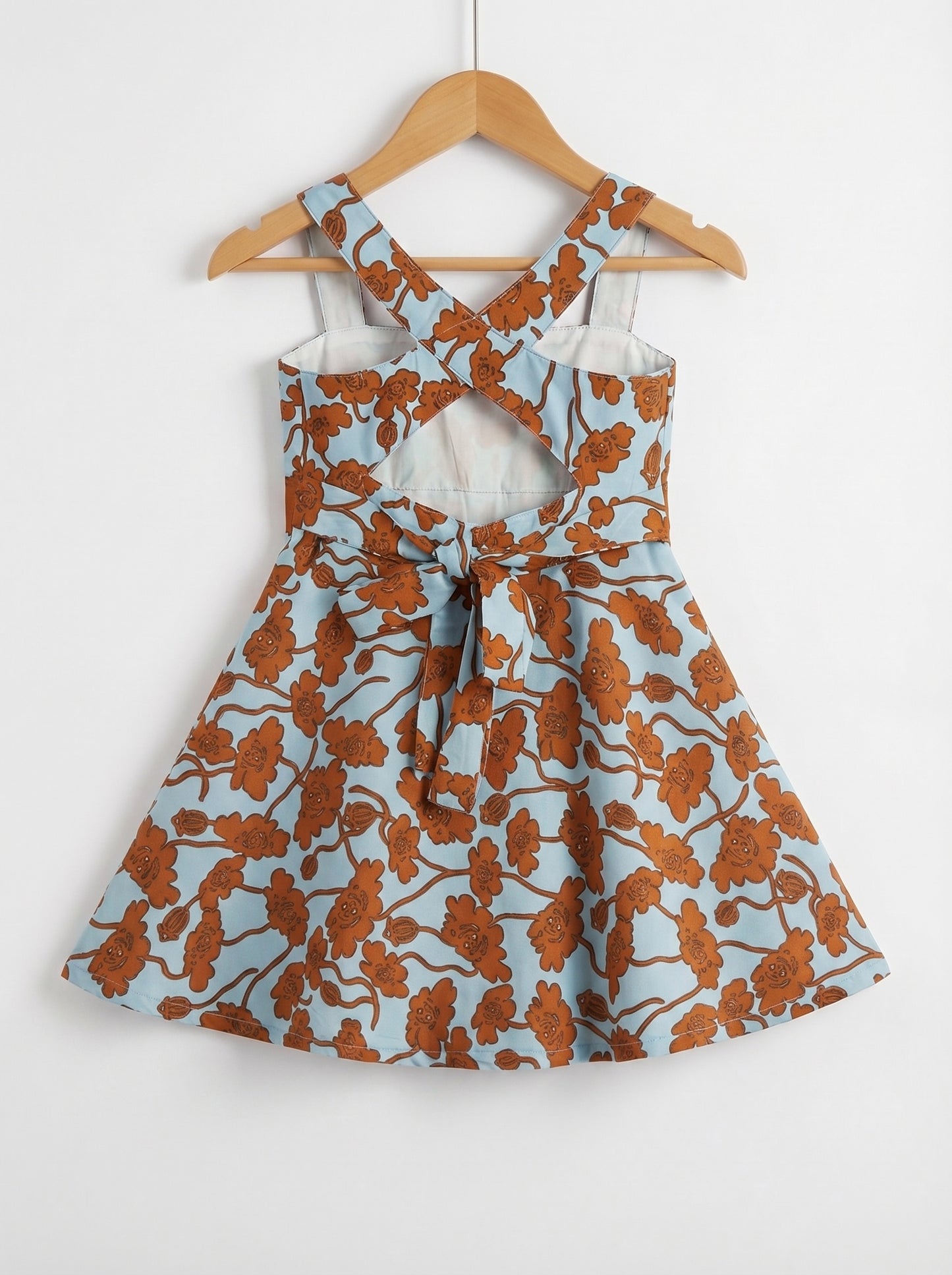 Girls Blue & Brown Floral Printed Cotton Flare Dress