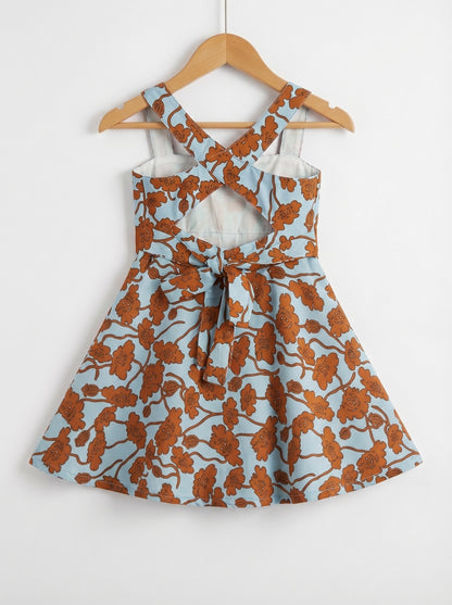 Girls Blue & Brown Floral Printed Cotton Flare Dress