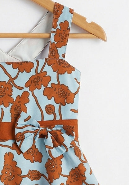 Girls Blue & Brown Floral Printed Cotton Flare Dress