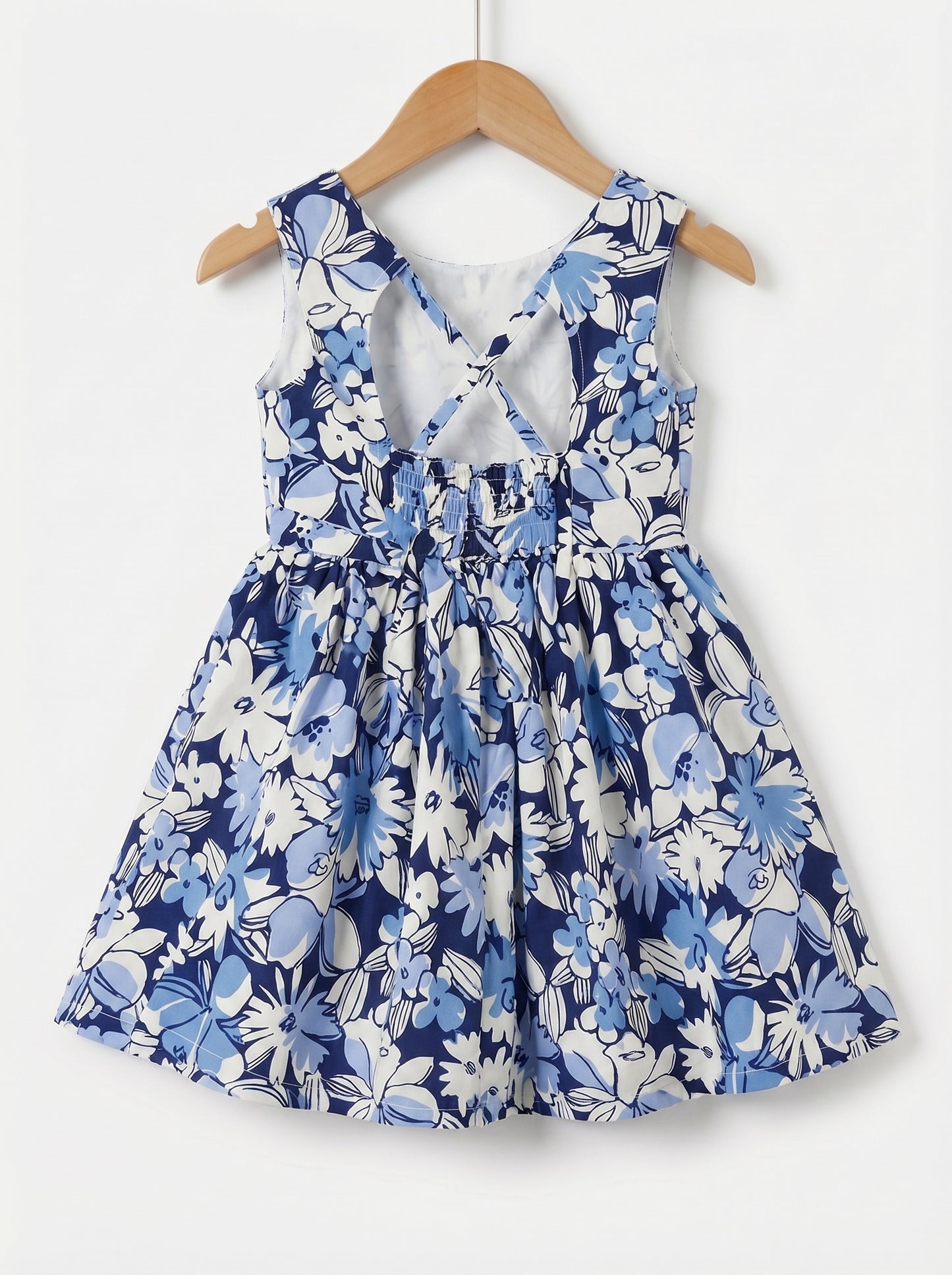 Girls Blue & White Floral Print Dress