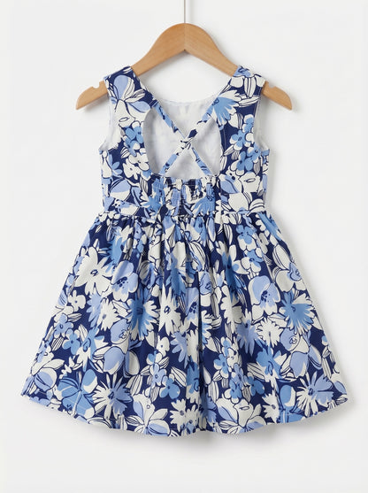 Girls Blue & White Floral Print Dress