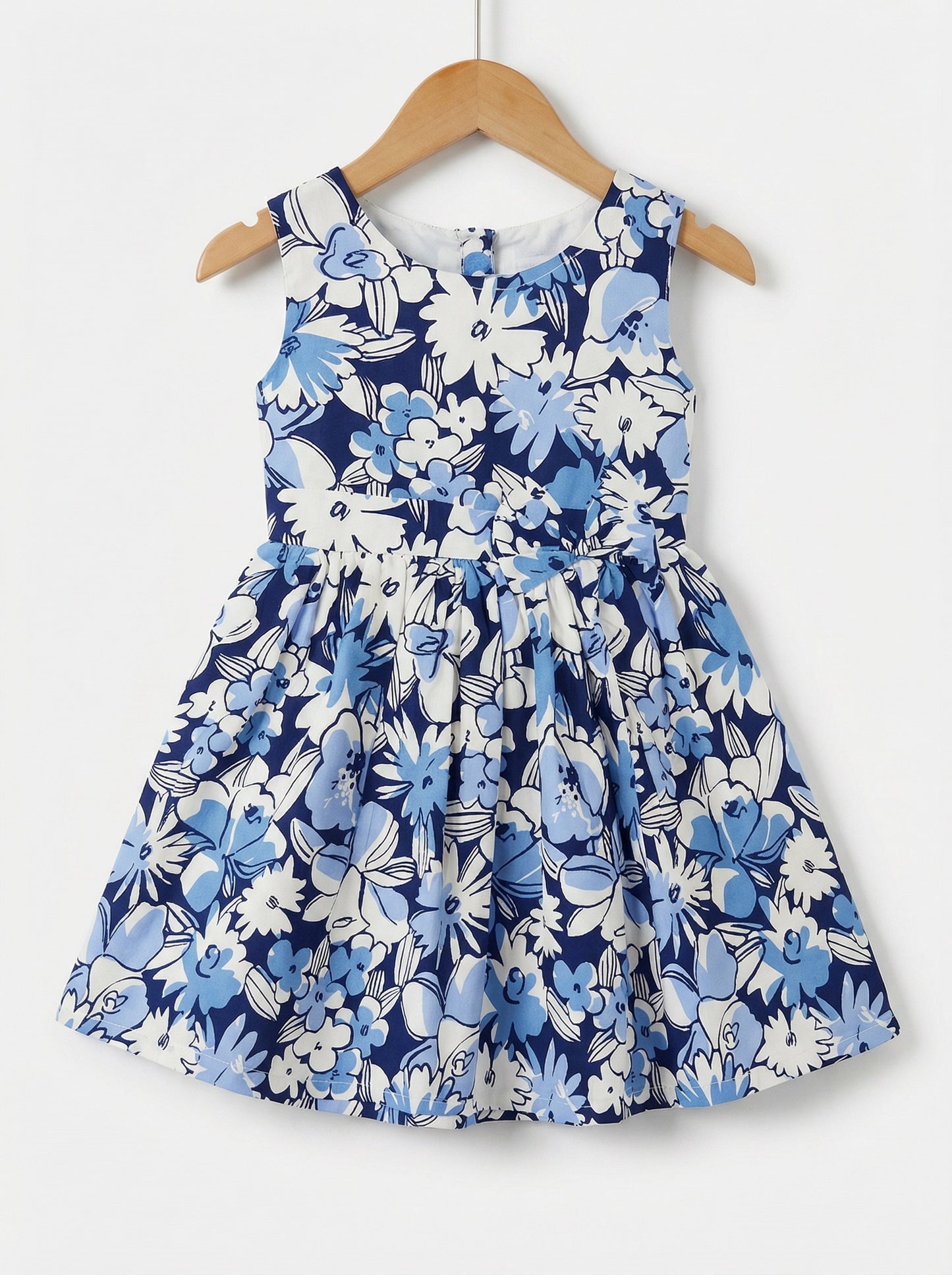 Girls Blue & White Floral Print Dress