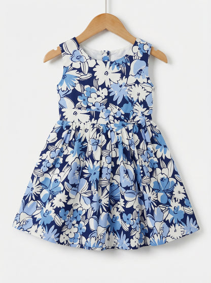 Girls Blue & White Floral Print Dress